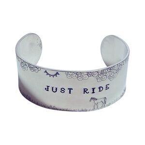 Handmade stamped silver Just‎ Ride' hypoallergenic Cuff Bracelet